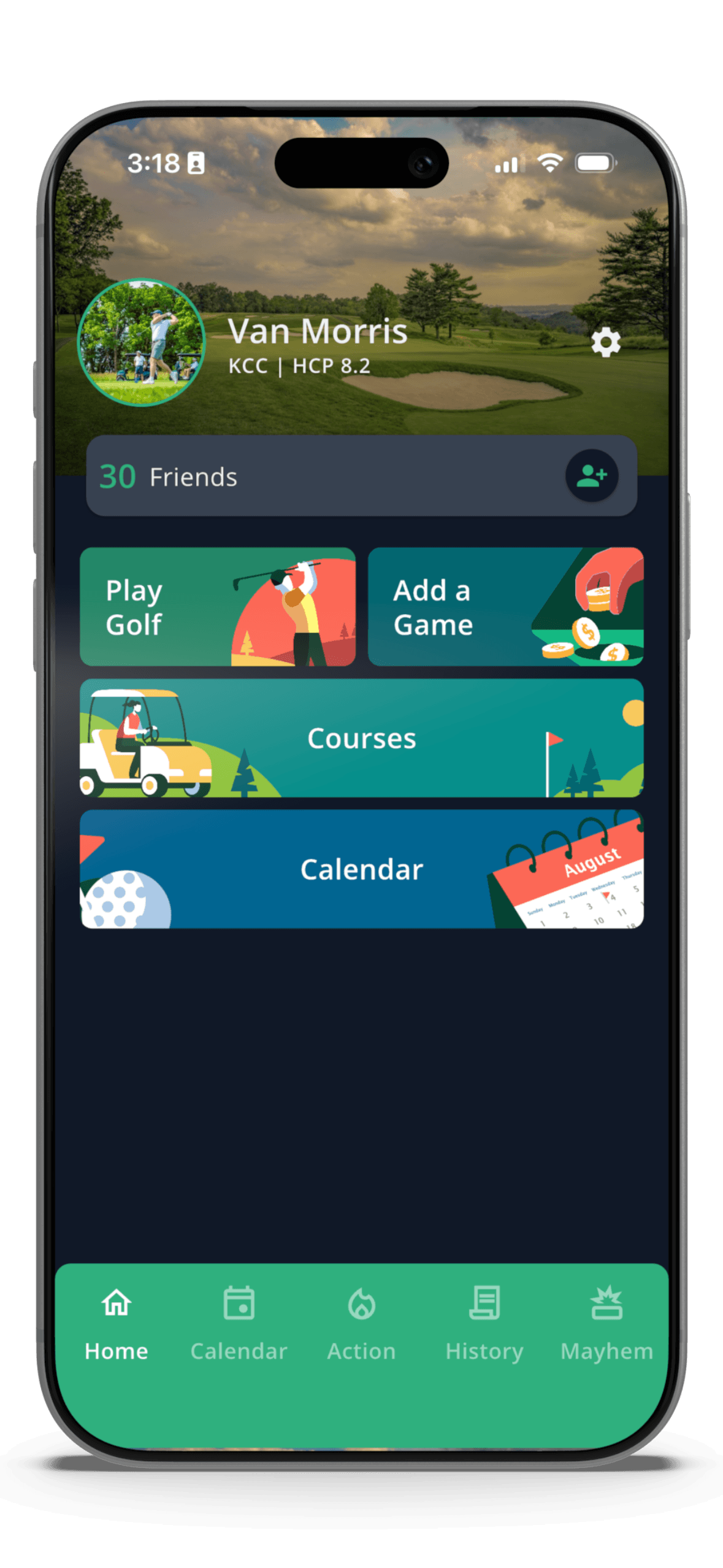 GolfApp home screen showing upcoming rounds and recent activity