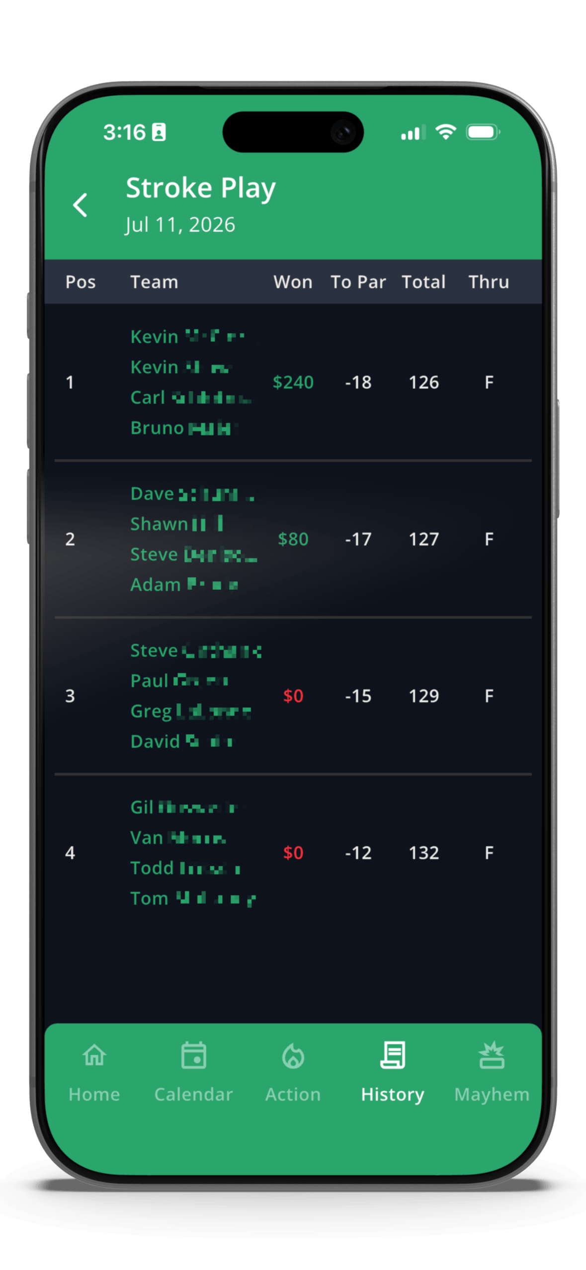 GolfApp game leaderboard showing live standings