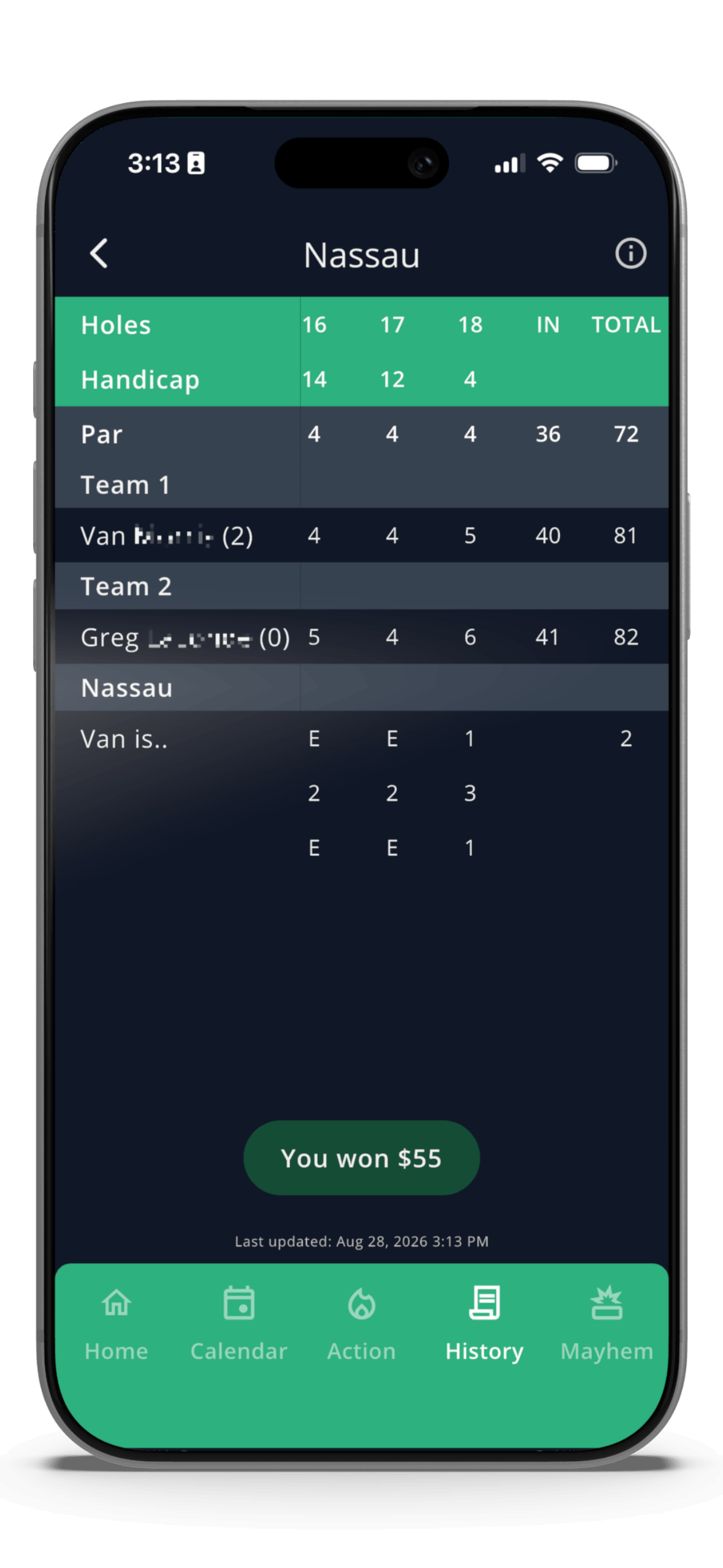 GolfApp Nassau game scorecard