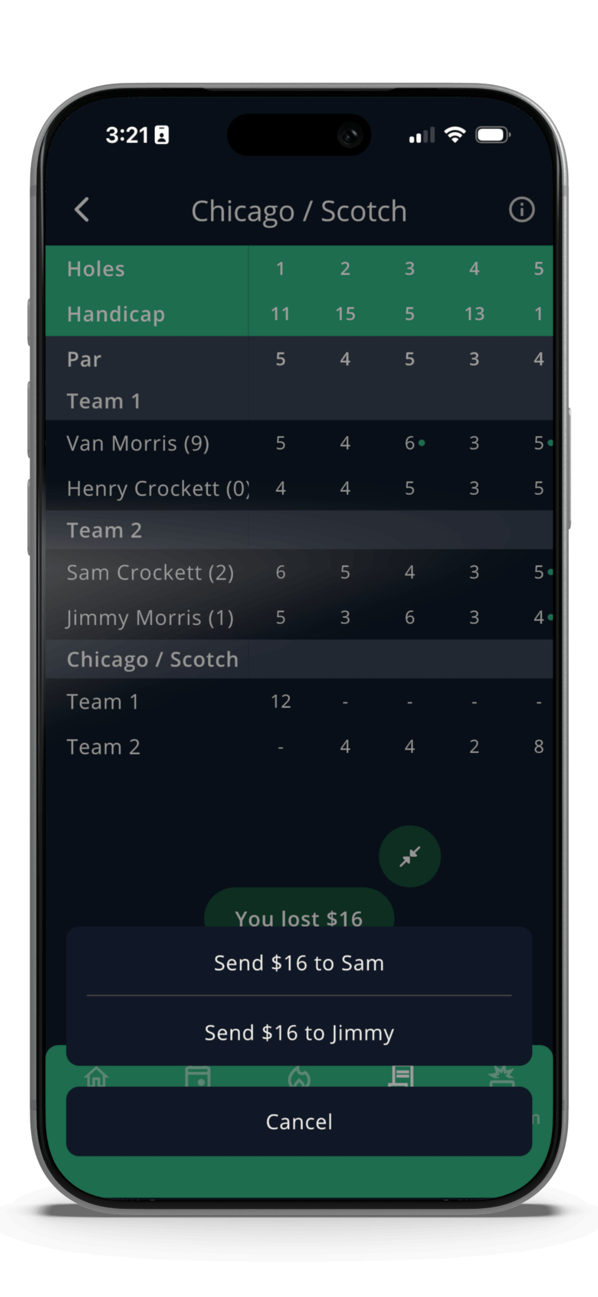 GolfApp settlement screen with Venmo integration