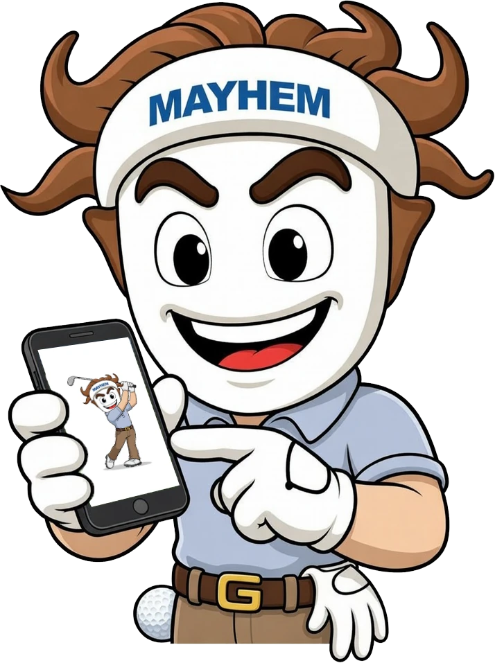 The GolfApp Mayhem mascot grinning and pointing at his phone, which shows another Mayhem character mid-swing