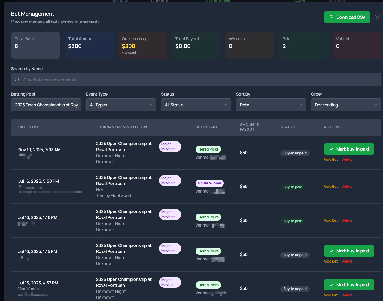 GolfApp bet management window filtered to a Major Mayhem pool for the 2025 Open Championship at Royal Portrush, showing 6 bets worth $300 with $200 outstanding across 4 unpaid entries, and a table of Tiered Picks and Golfer Winner entries with buy-in paid and unpaid statuses and mark buy-in paid actions