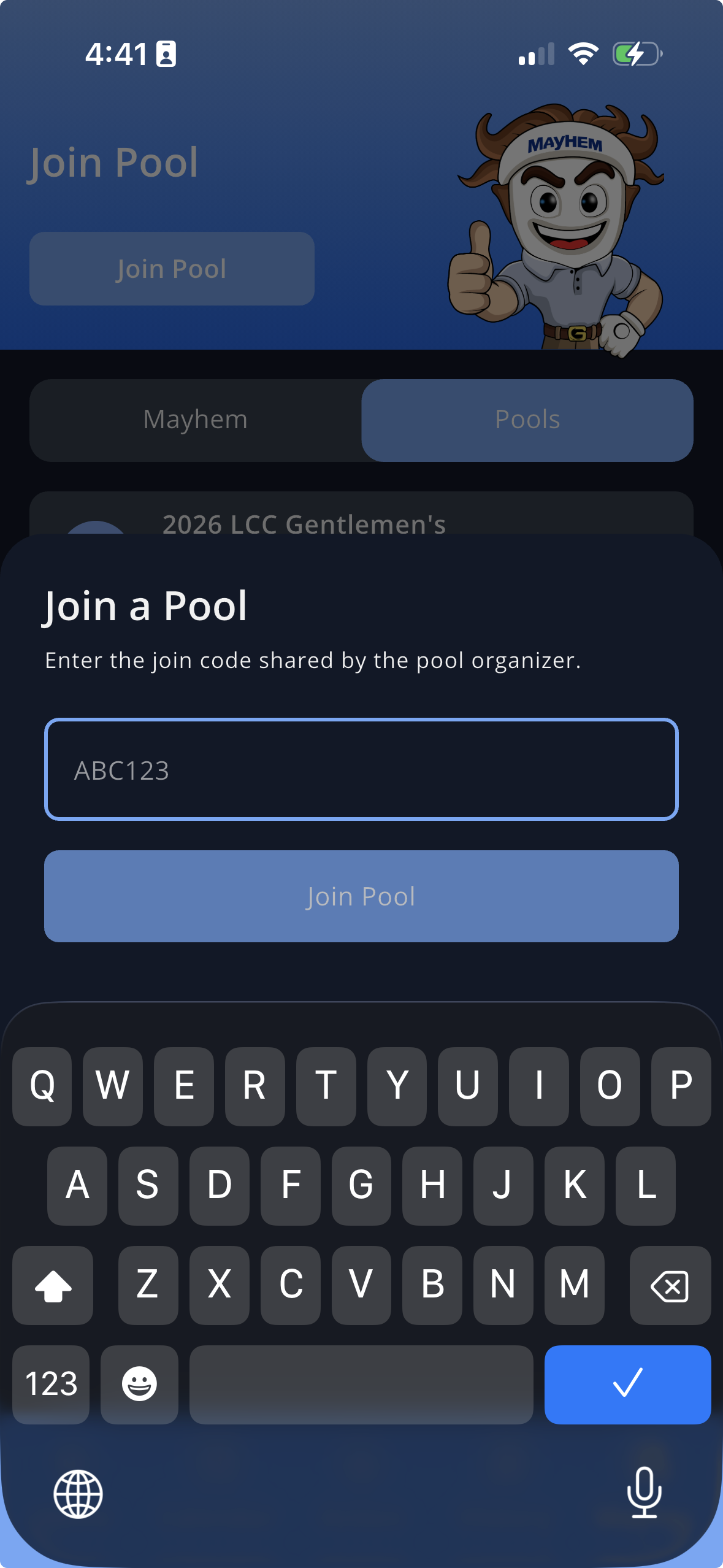 GolfApp mobile Pools tab with the Join a Pool sheet open, asking for the join code shared by the pool organizer