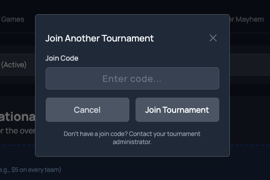 GolfApp web Join Another Tournament dialog with a join code field and a Join Tournament button