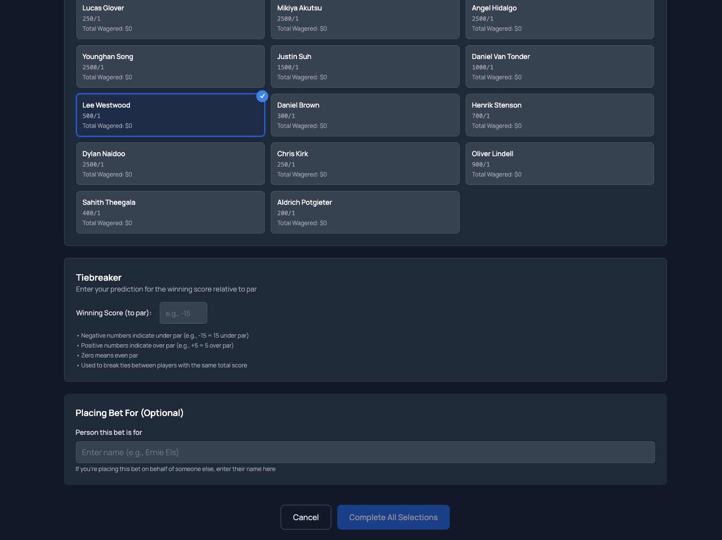 GolfApp web panel showing a grid of professional golfers with their odds and total wagered, one selected, a tiebreaker field for predicting the winning score relative to par, and an optional Placing Bet For field to enter the name of the person the bet is being placed on behalf of