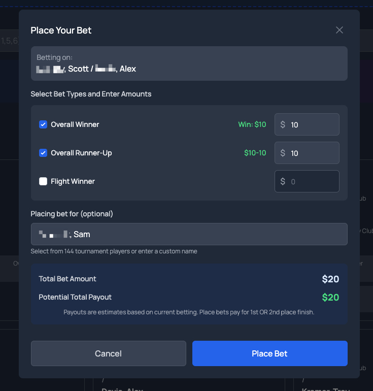GolfApp Place Your Bet screen showing Overall Winner, Overall Runner-Up and Flight Winner bet types with amounts entered, an optional field for placing a bet on another player's behalf, and a running total bet amount with estimated payout